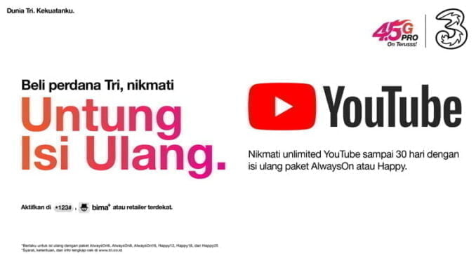 Unlimited YouTube dari 3 Indonesia kuota unlimited YouTube
